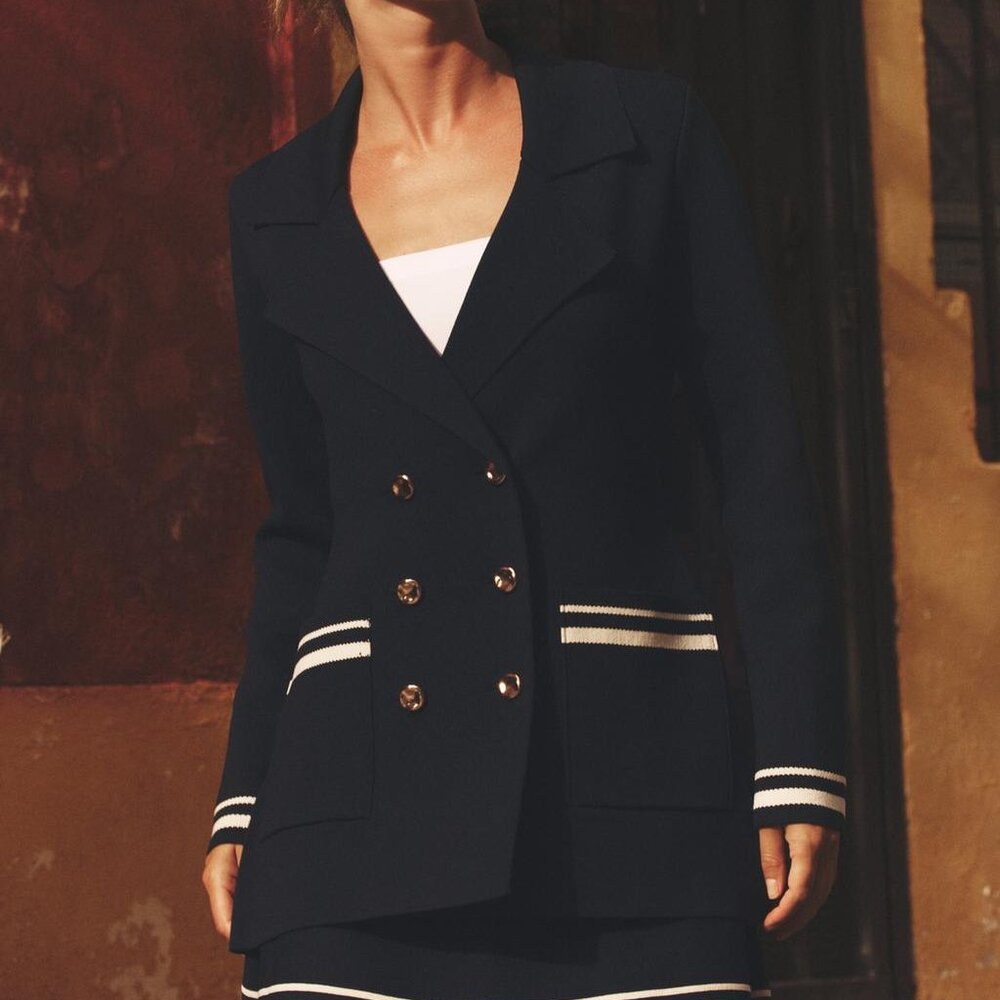 Zara Navy Blue Crossover Knit Blazer Jacket Size Medium Double-Breasted Coat NWT